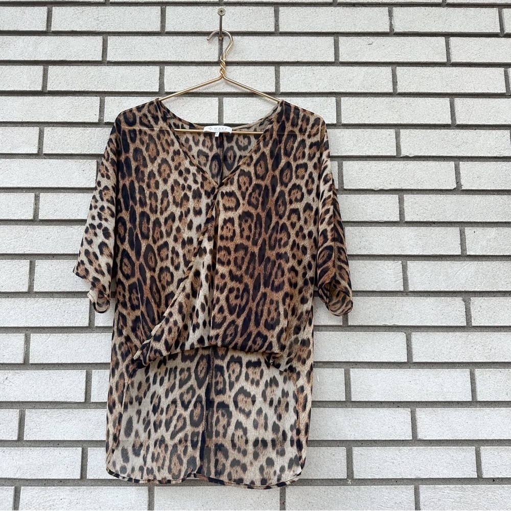 Wayf High Low Leopard Cheetah Print Animal V-Neck Sheer Wrap Surplice Blouse Top